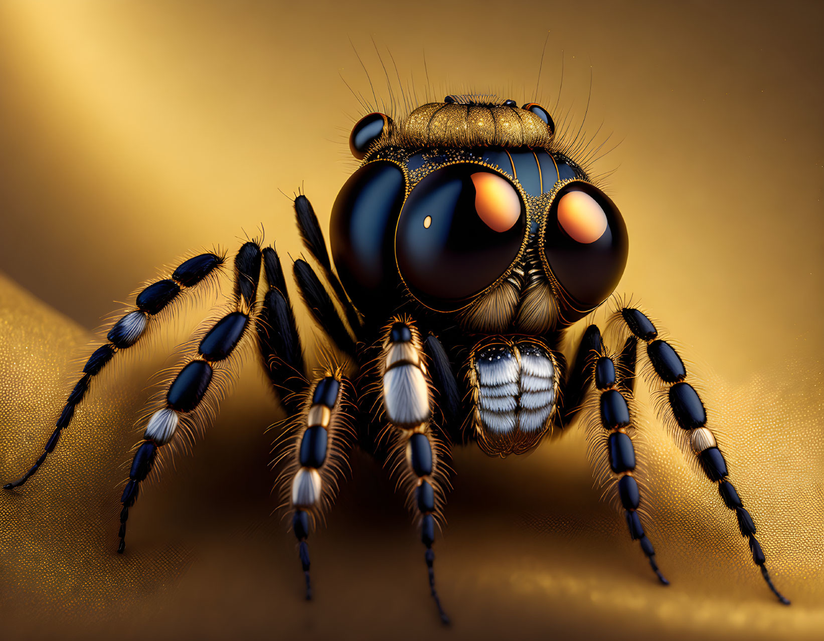 Detailed Close-Up Illustration of Jumping Spider with Shiny Eyes and Furry Legs on Golden Background