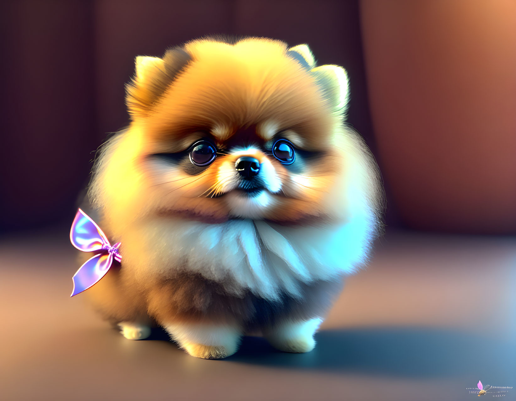 Fluffy Pomeranian Dog with Blue Eyes and Purple Bow Tie on Brown Background