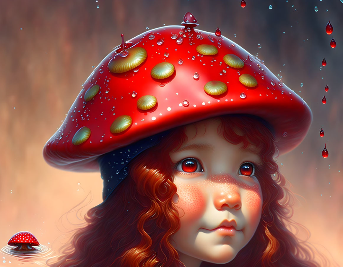 Child with red mushroom cap hat in autumnal digital art