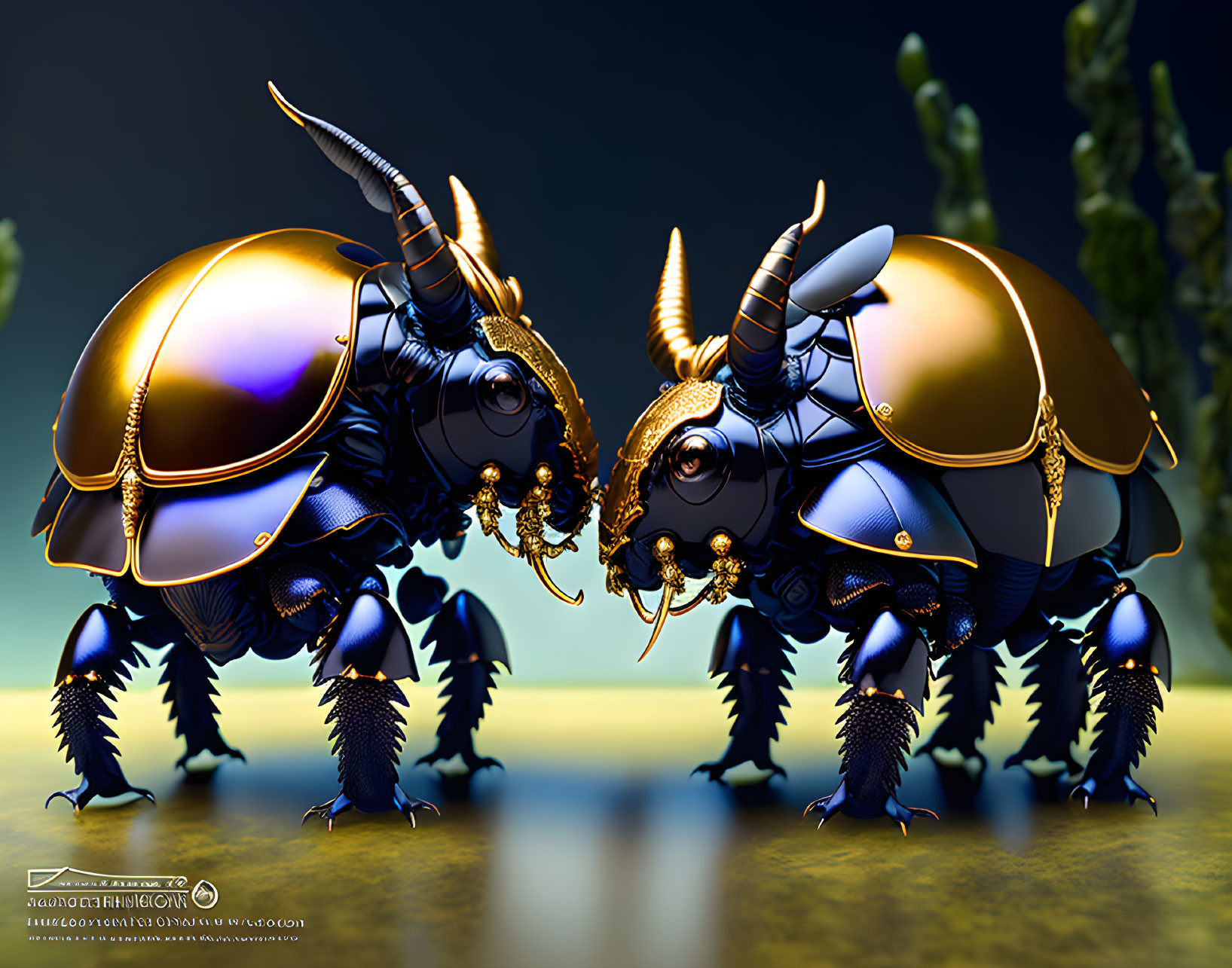 Detailed Metallic Blue and Gold Rhinoceros Beetles on Reflective Surface