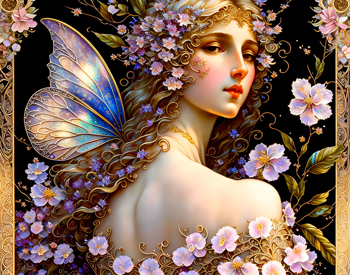 Female figure with butterfly wings in art nouveau style, gold accents & pastel flora