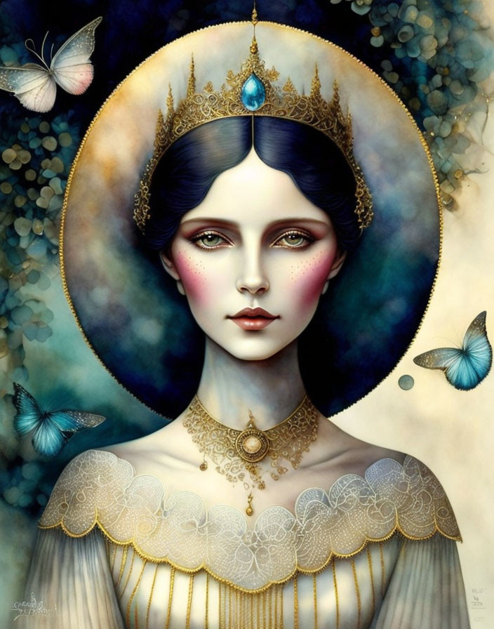 Ethereal woman with golden halo and butterflies.