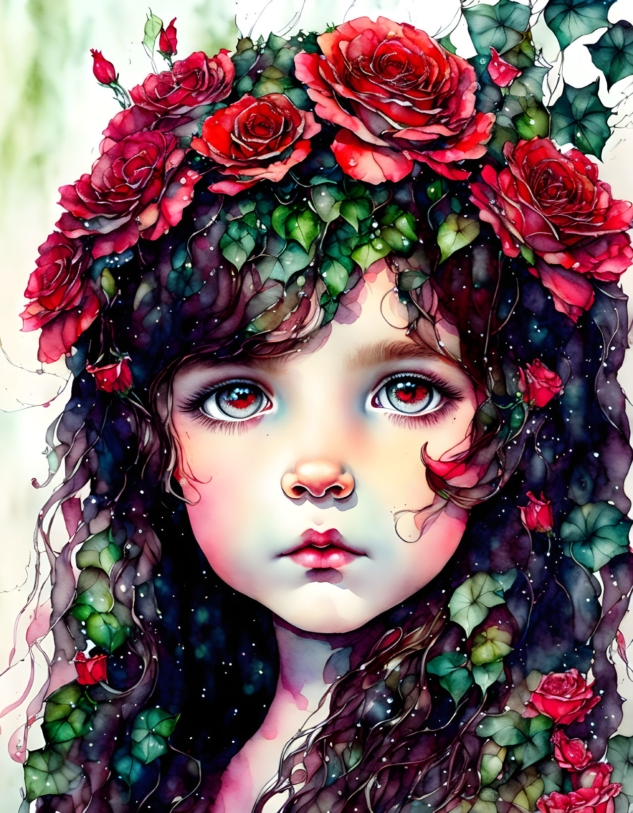 Girl with Large Expressive Eyes and Crown of Red Roses and Butterflies