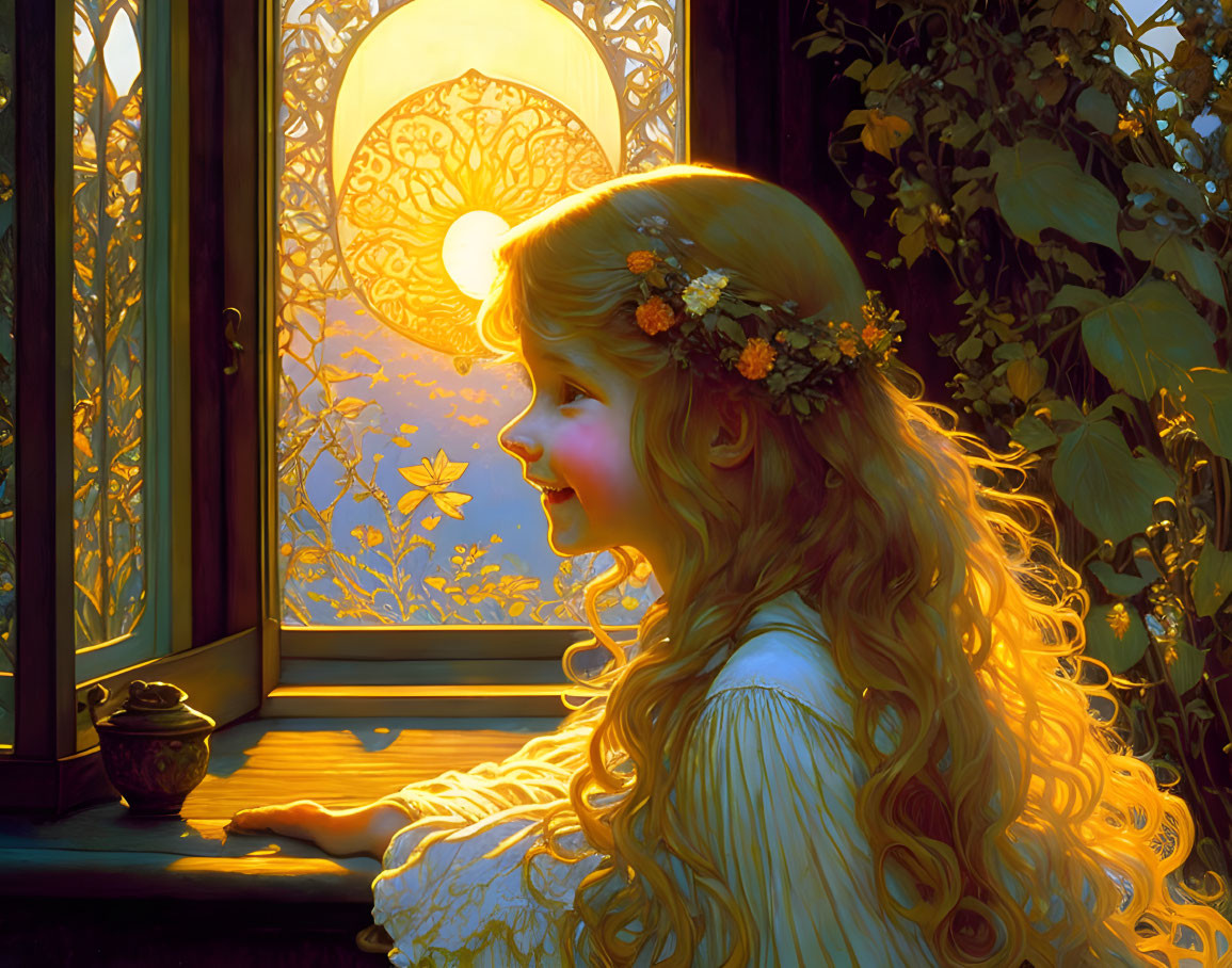 Young girl with golden hair gazes at sunset through window