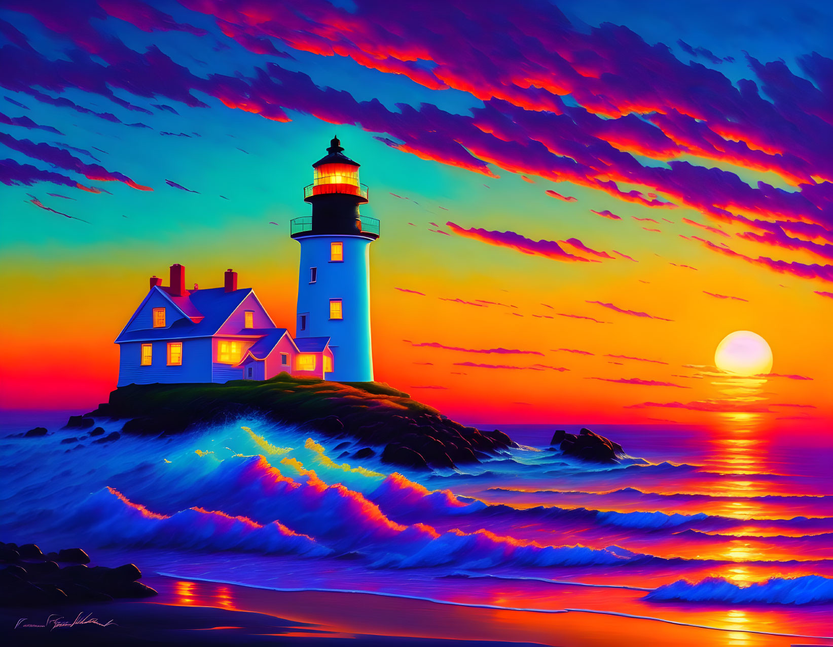 Lighthouse on cliff with crashing waves under sunset sky