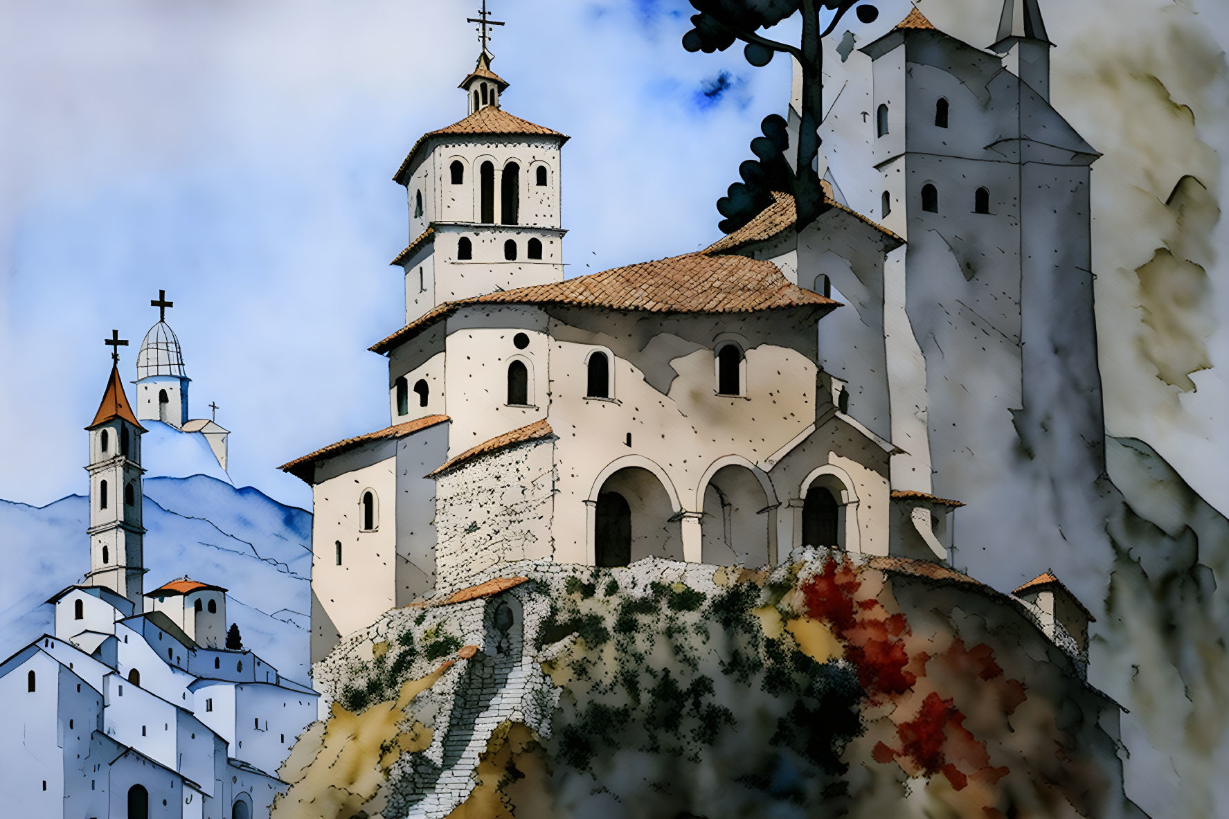 Hilltop castle with towers and spires in green landscape