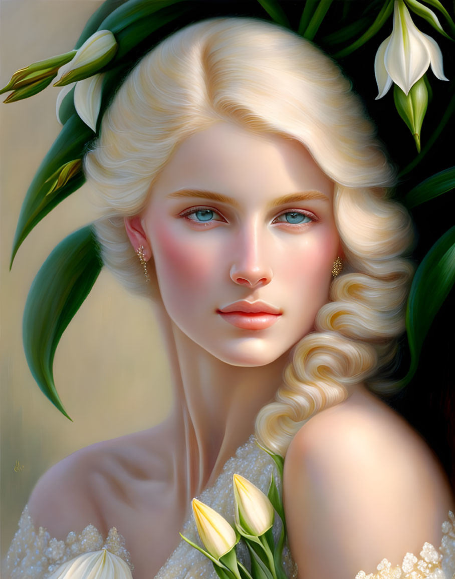 Blonde woman with blue eyes surrounded by white lilies