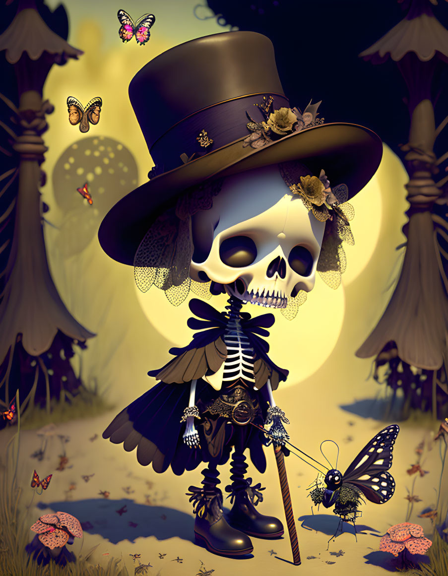 Victorian-themed skeleton illustration in forest setting with butterflies