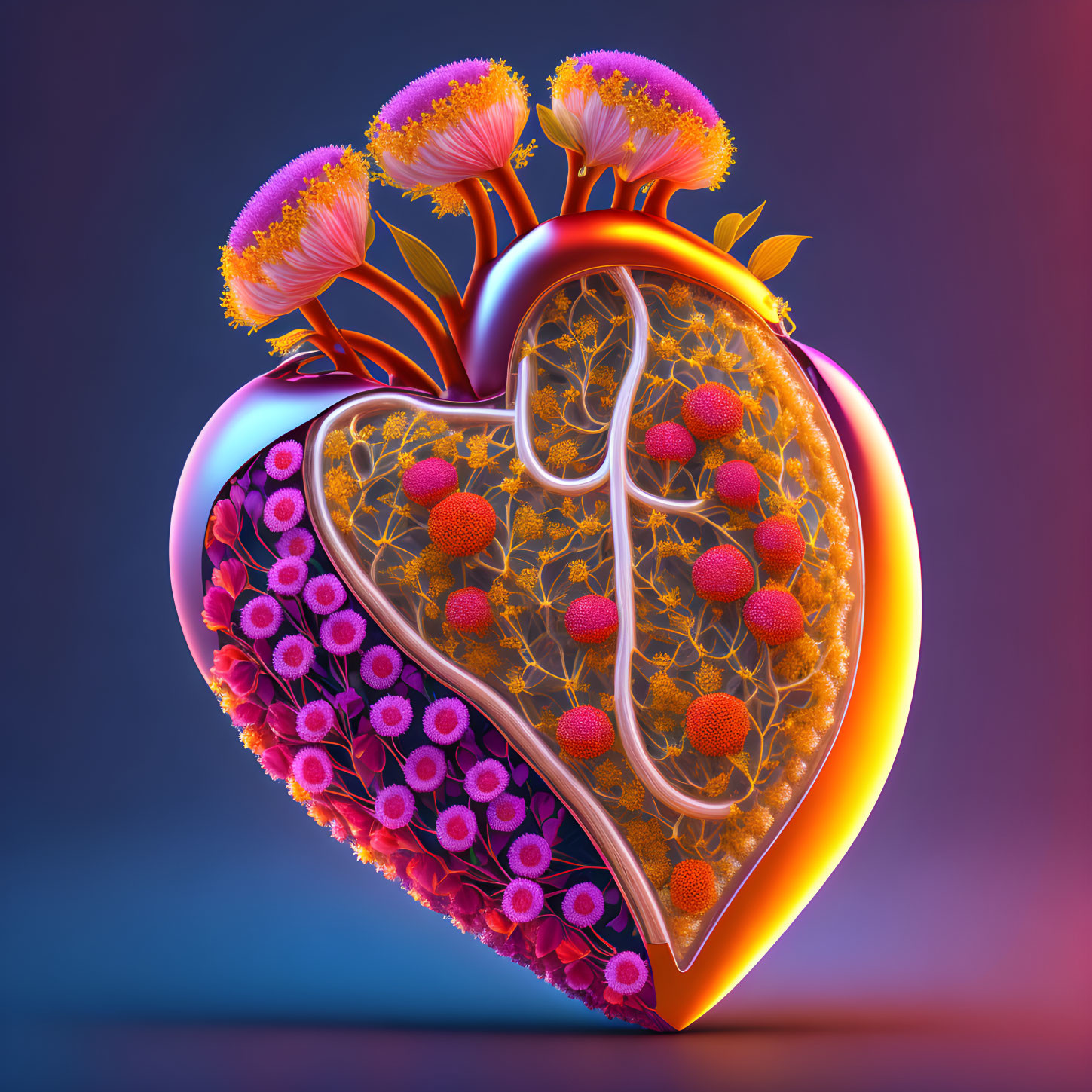 Colorful 3D heart vessel with floral ecosystem and vein-like network on dual-tone backdrop