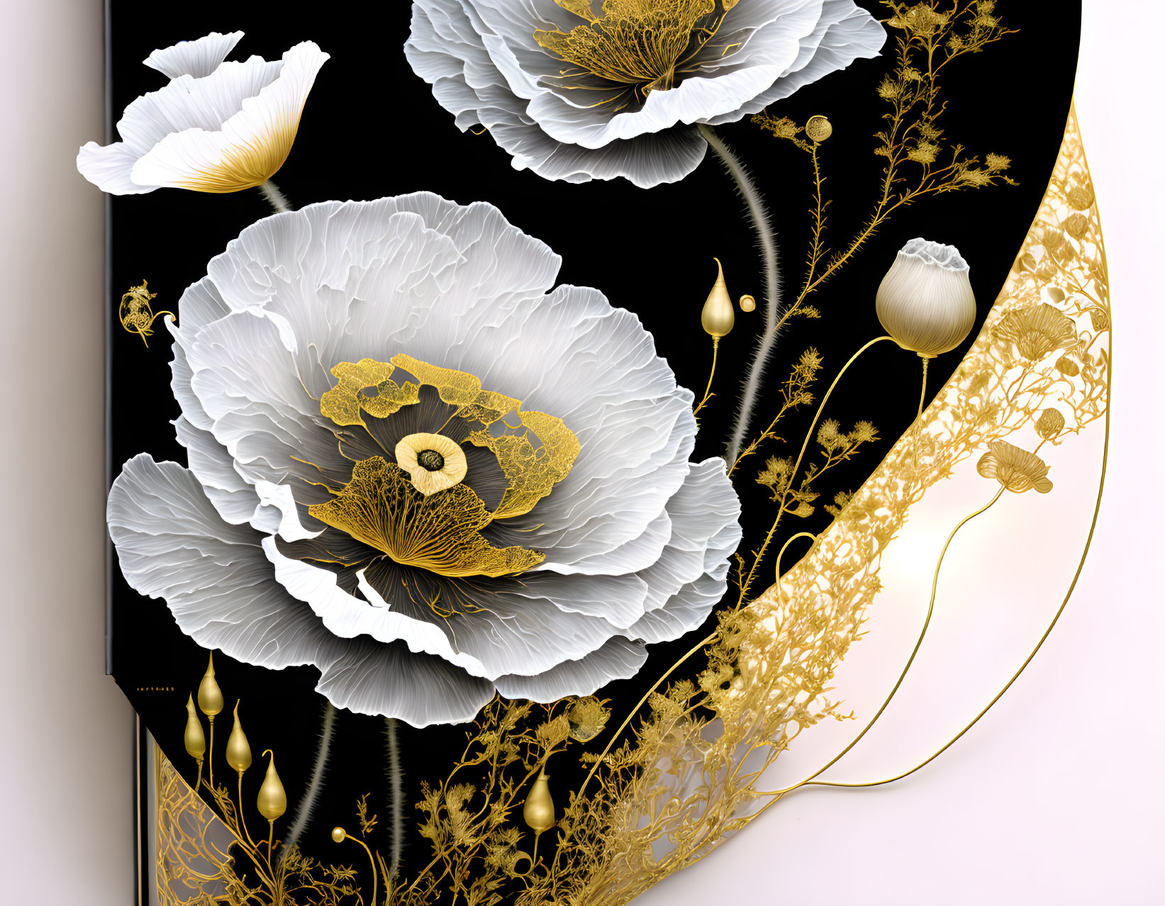 White and Gold Poppies on Black Background with Golden Floral Elements