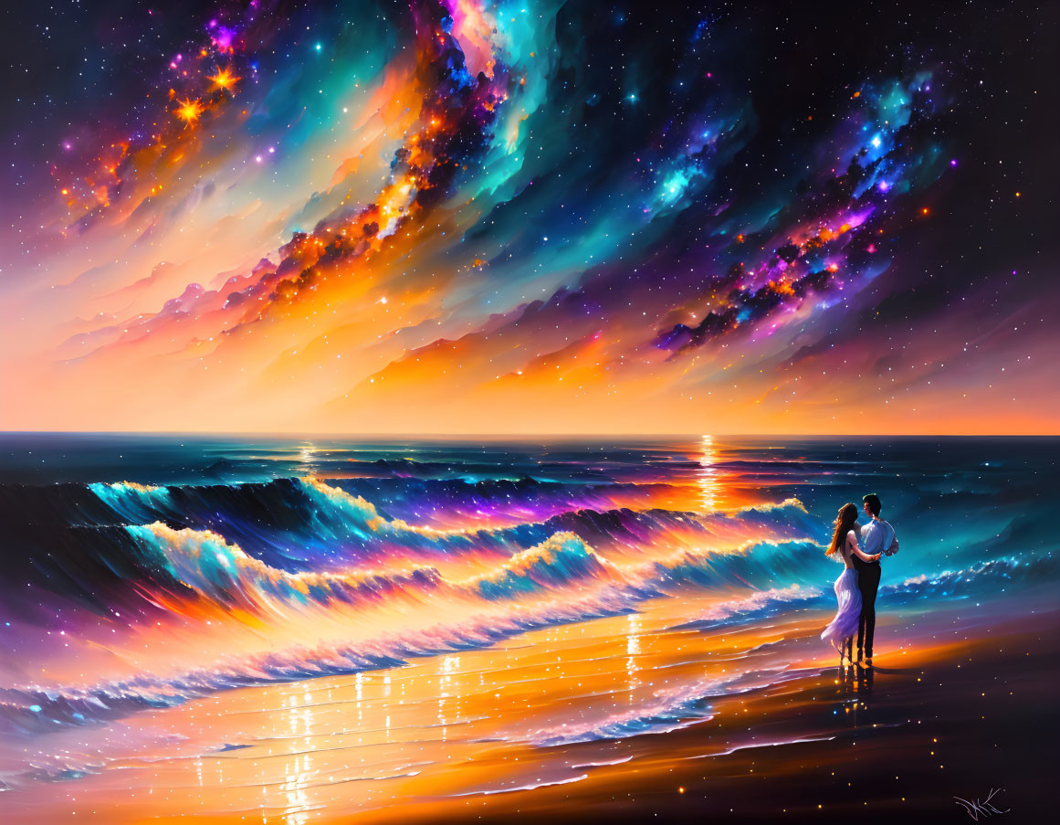 Romantic beach scene with colorful waves and starry sky