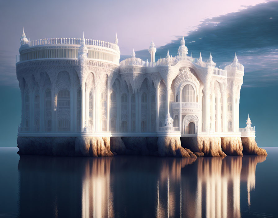 White palace with intricate architecture on cliff overlooking serene waters at twilight