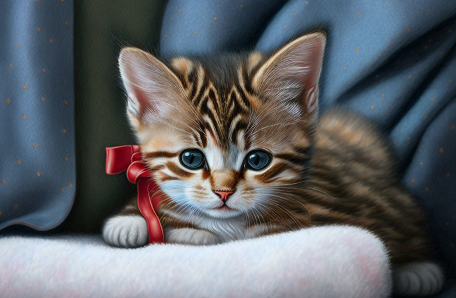 Tabby kitten with blue eyes and red ribbon on white surface against blue backdrop