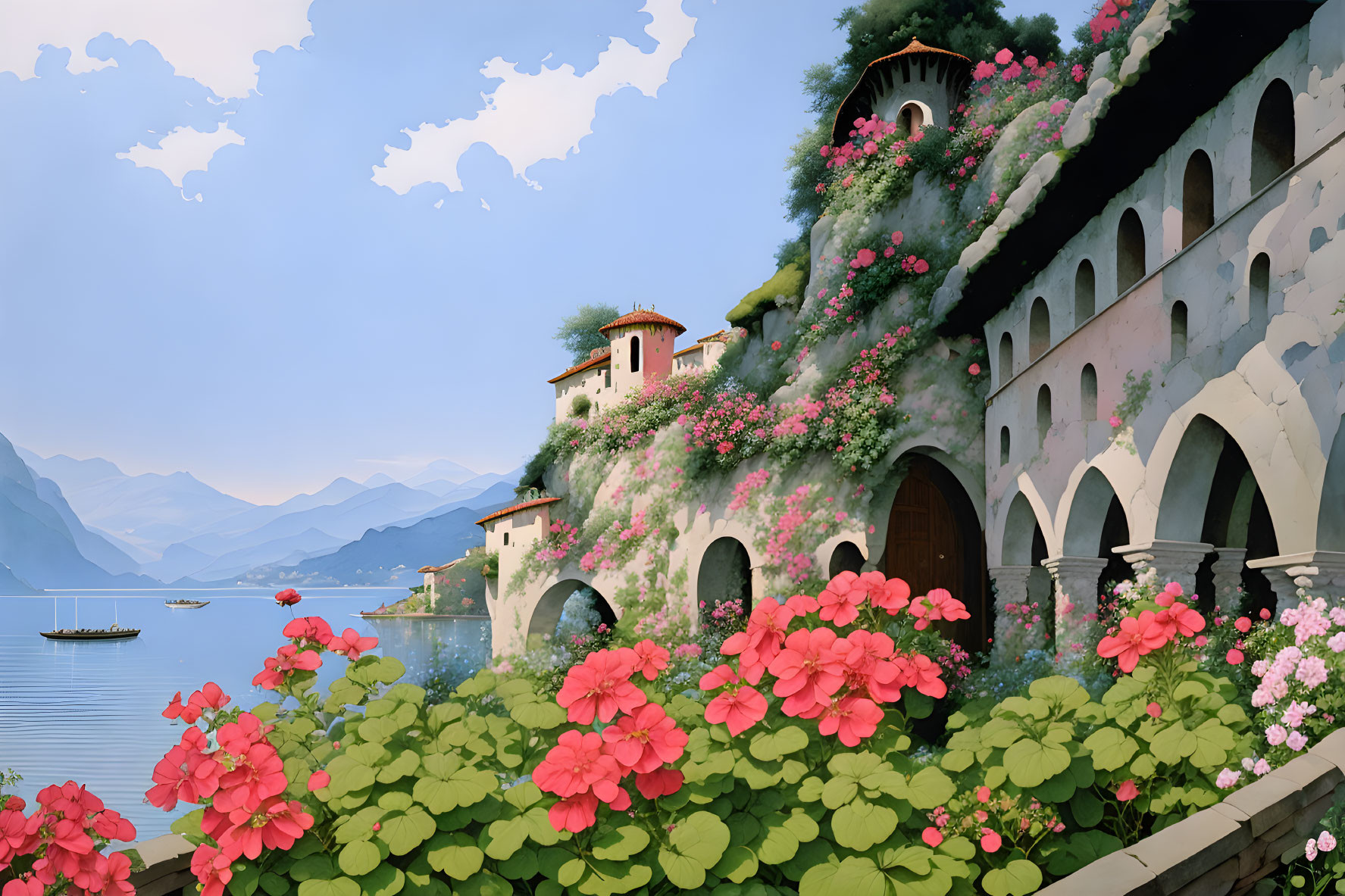 Coastal stone arch surrounded by blooming flowers, overlooking tranquil sea and mountains.