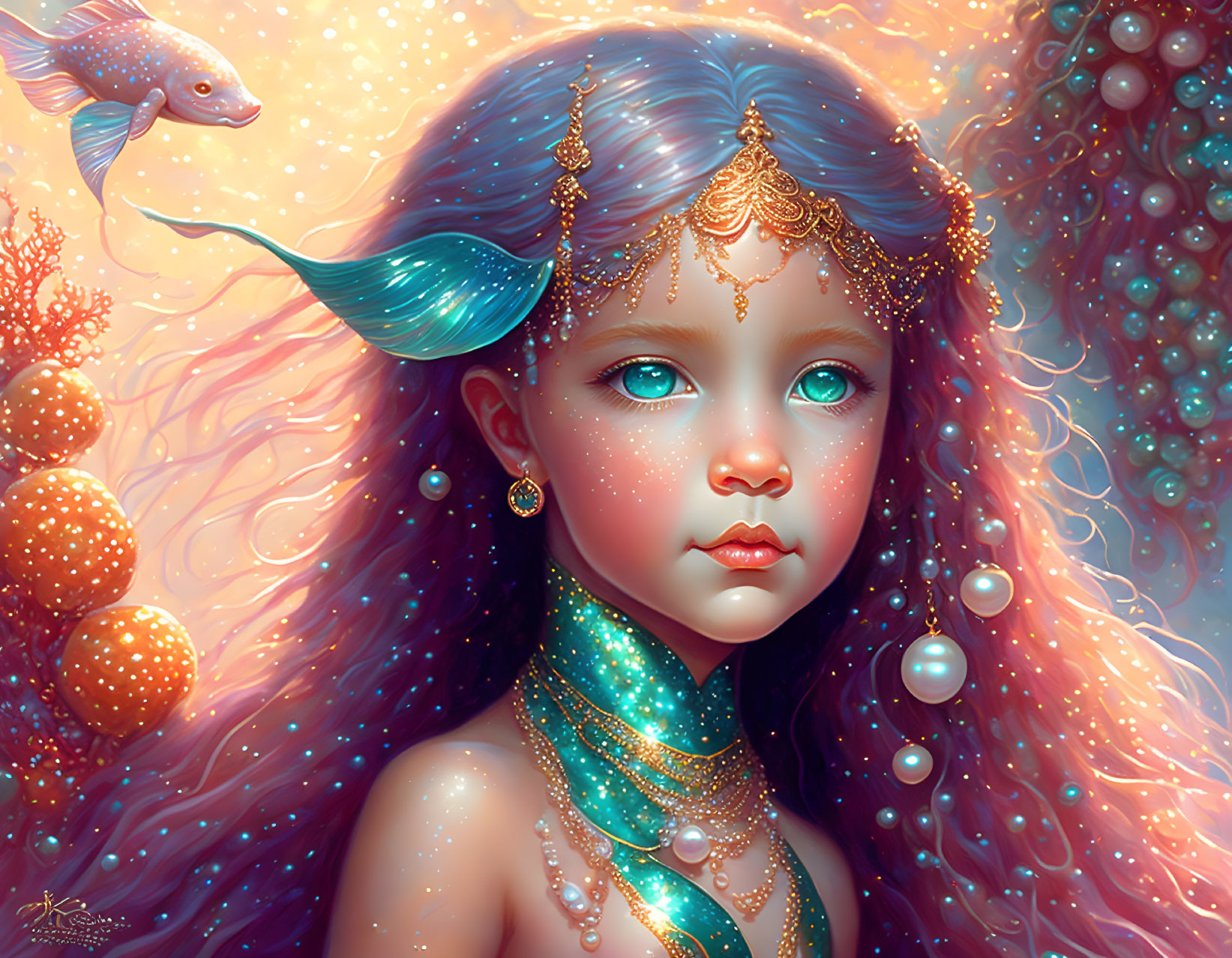 Fantastical portrait of young girl with blue skin and ocean-themed jewelry surrounded by underwater motifs