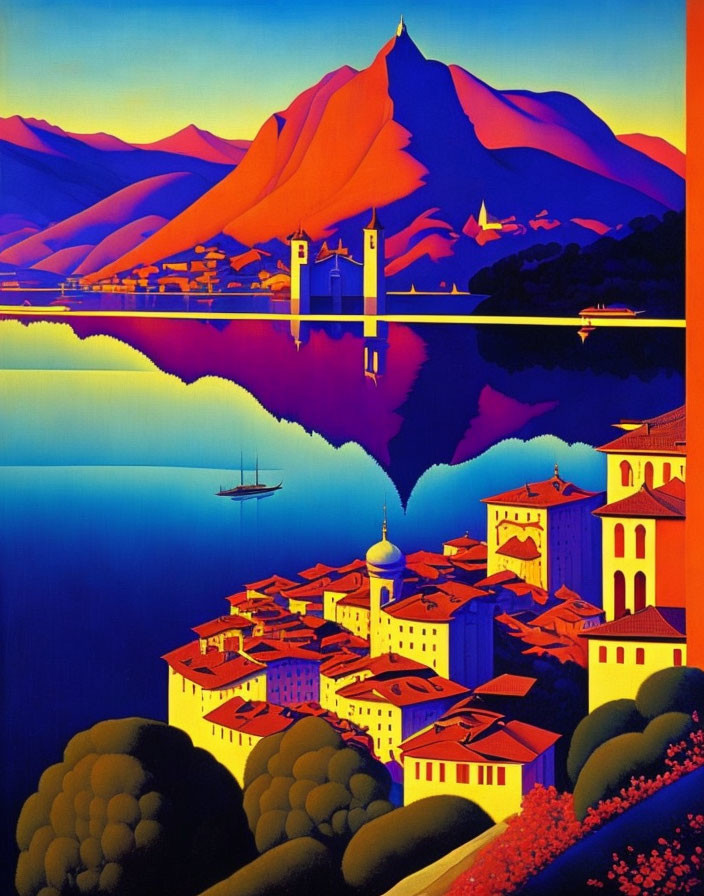 Colorful Coastal Town Painting with Mountains and Sailboat