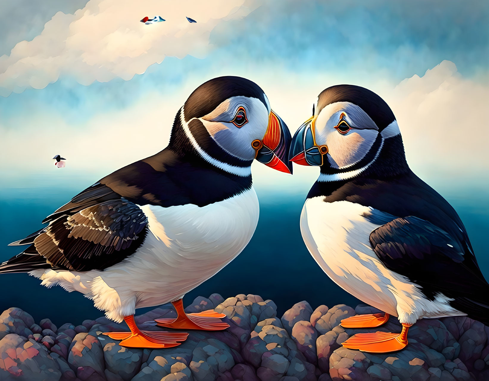 Puffins on rocky shore with blue sky and flying birds