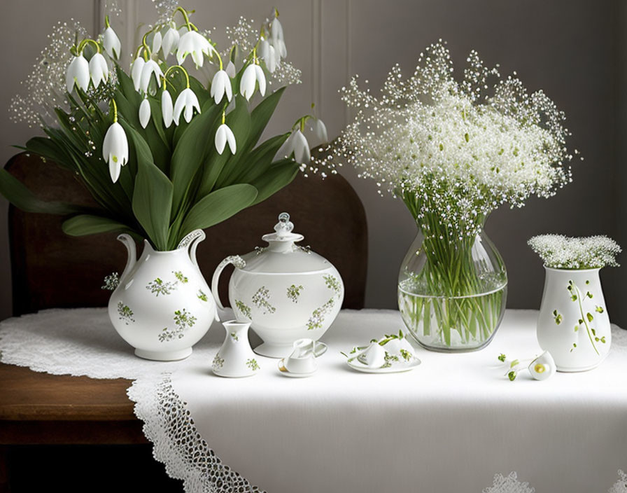 Floral pattern tea set with snowdrops and gypsophila on white lace tablecloth