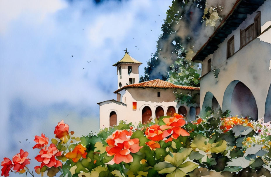 Traditional villa watercolor painting with bell tower and lush flora under vivid blue sky