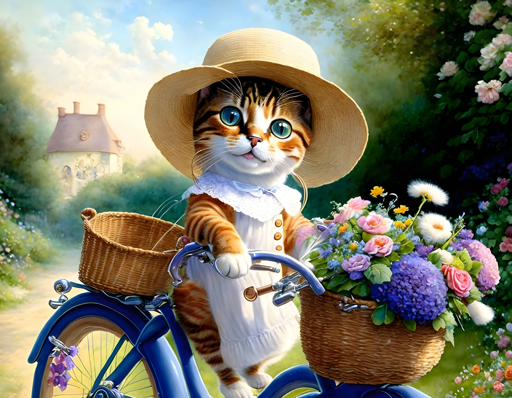 Anthropomorphic cat in hat and dress with bicycle in garden