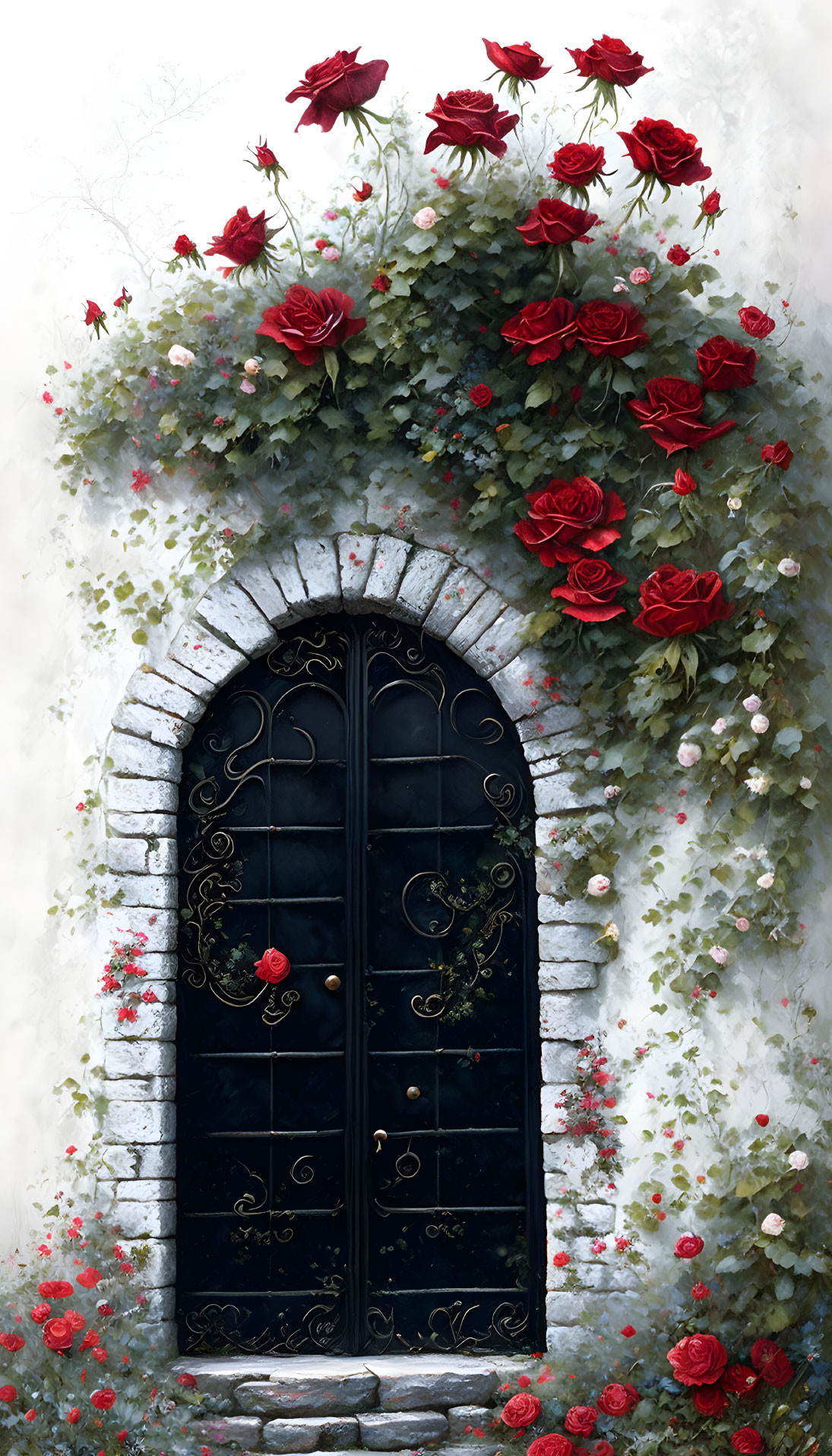 Ornate black iron door with gold details in white stone wall surrounded by red roses and green iv