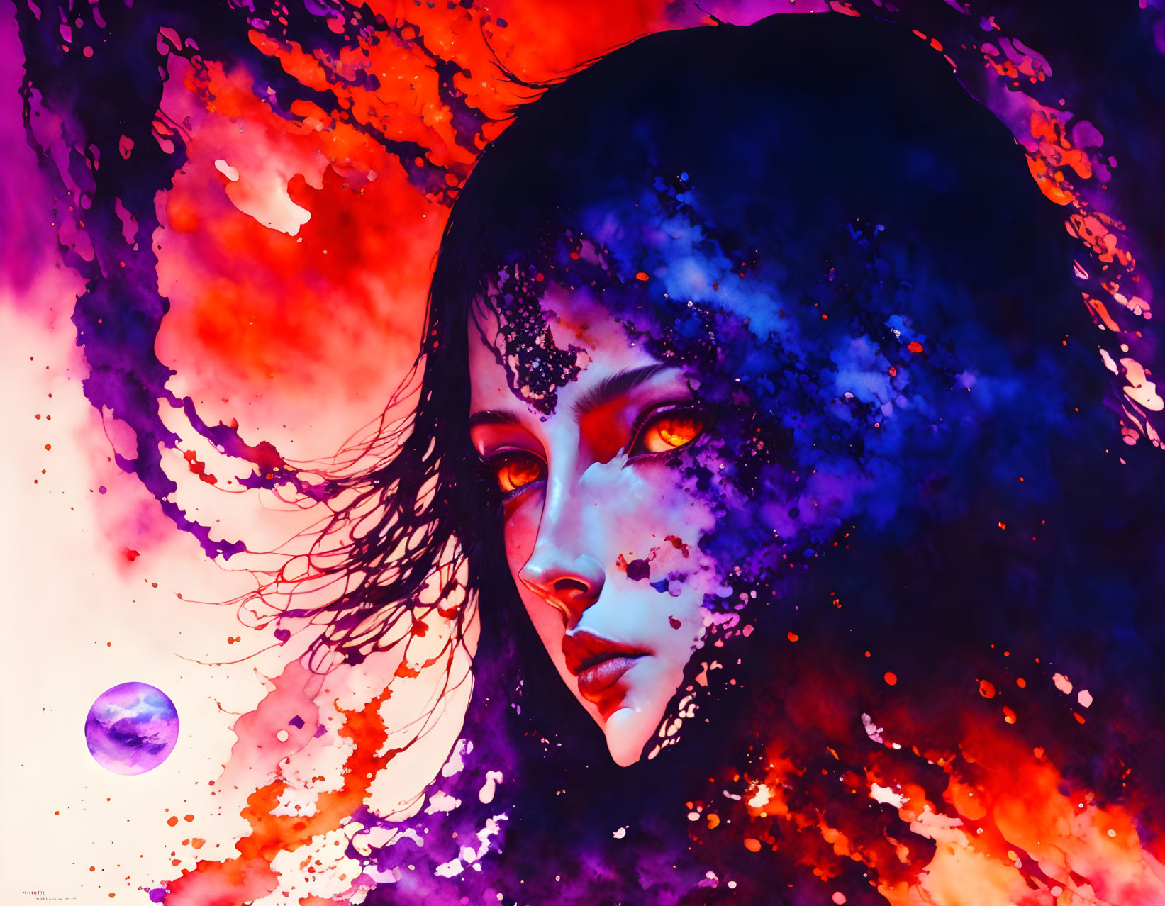 Cosmic-themed portrait of a woman in deep purples and fiery reds