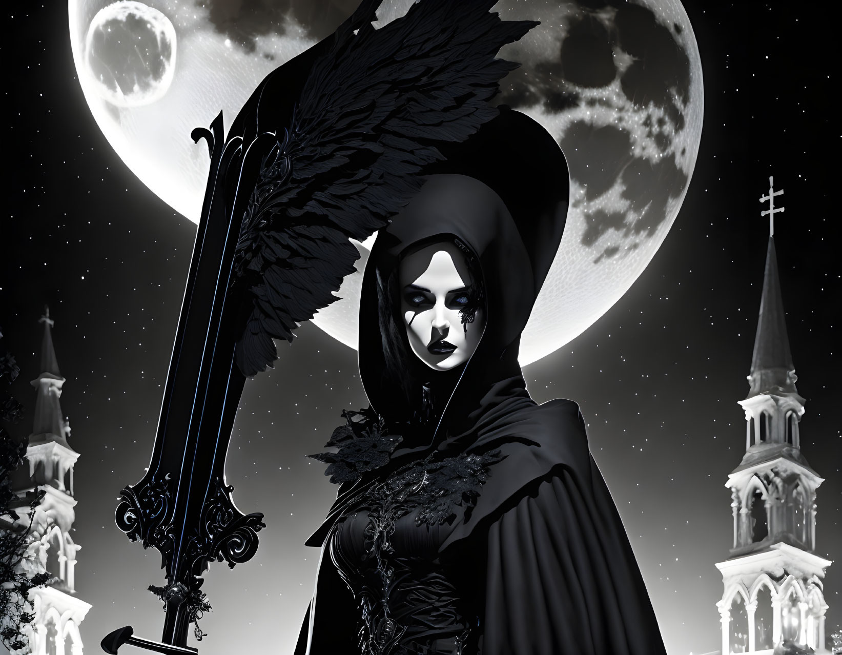 Gothic figure with wings and scythe at moonlit church