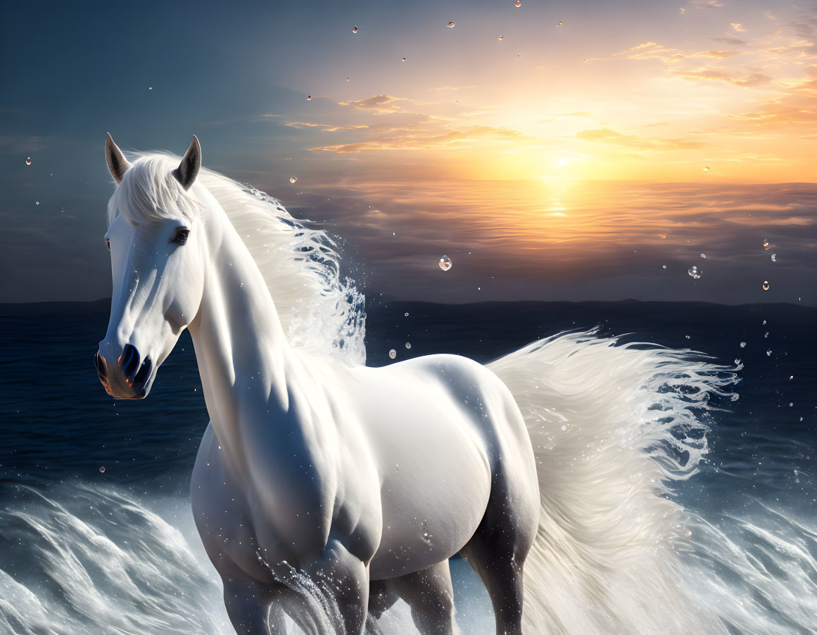 White horse with flowing mane in ocean sunset.