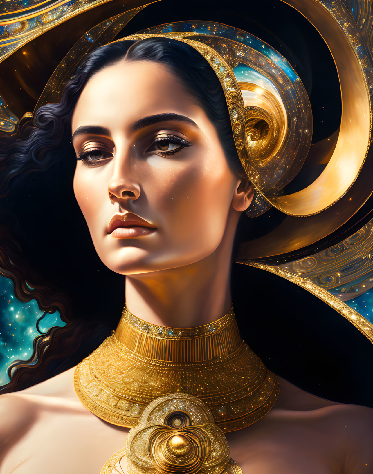 Portrait of Woman with Dark Hair and Celestial-Themed Adornments