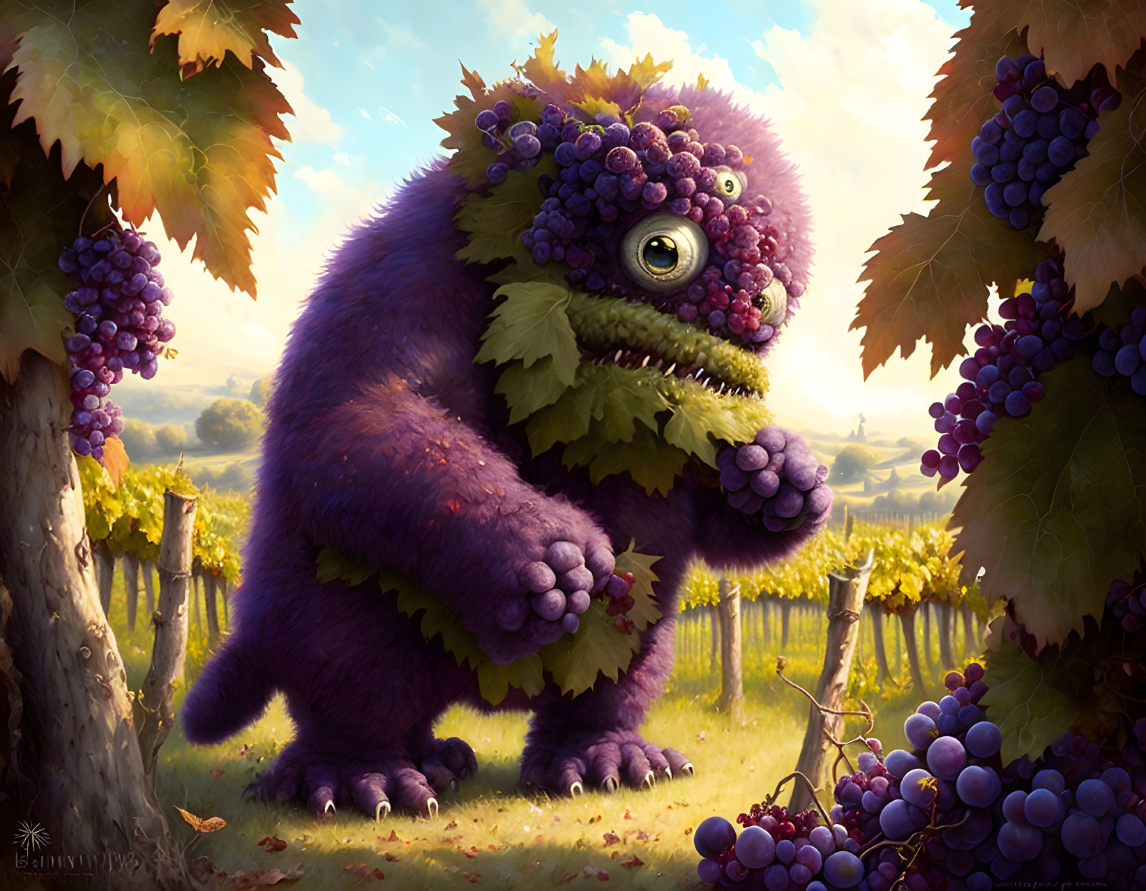 Purple, one-eyed furry creature in sunny vineyard among grapevines