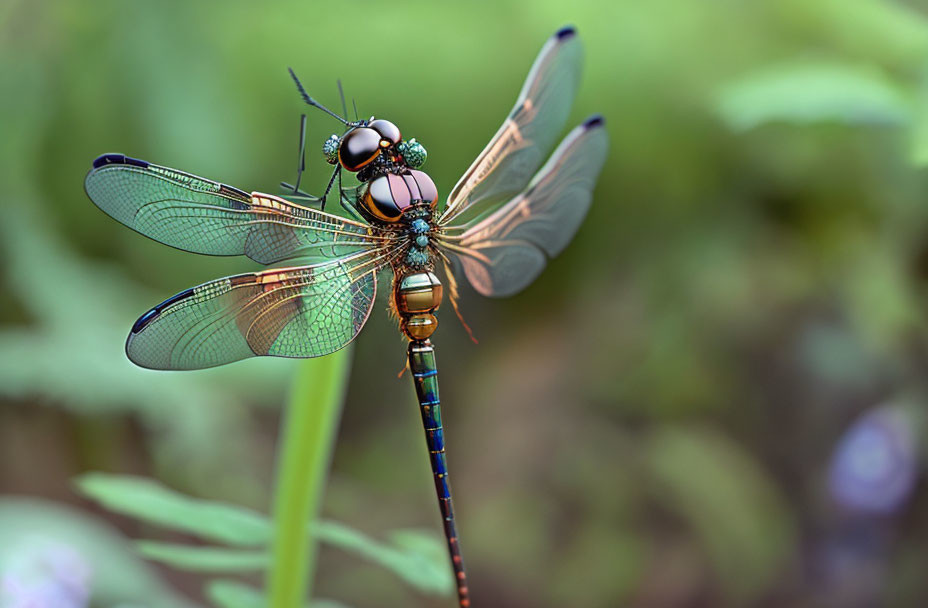 Detailed Dragonfly Perched on Twig with Intricate Wing Pattern