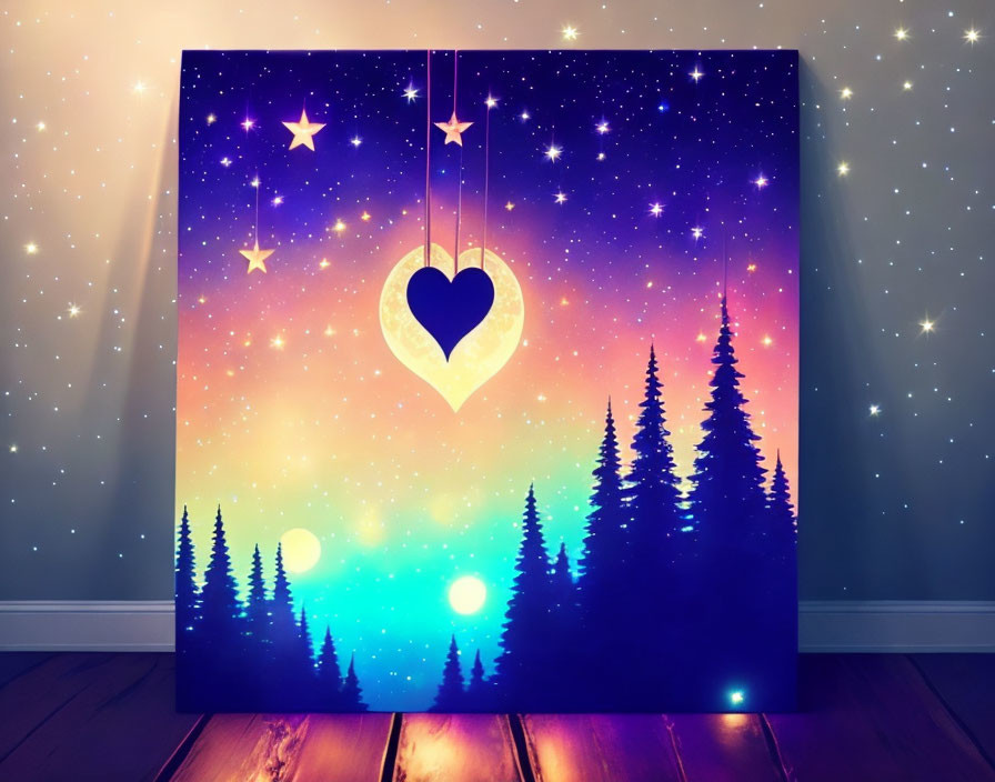 Colorful Cosmic Scene with Stars, Heart Pendant, and Pine Tree Silhouettes on Canvas