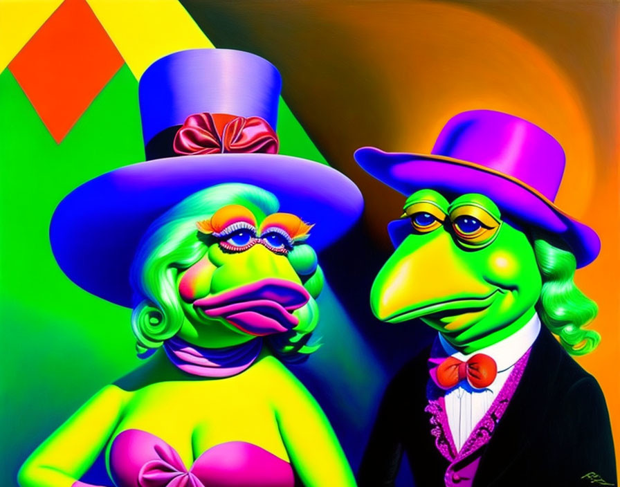 Vibrant caricature of duck couple in formal attire