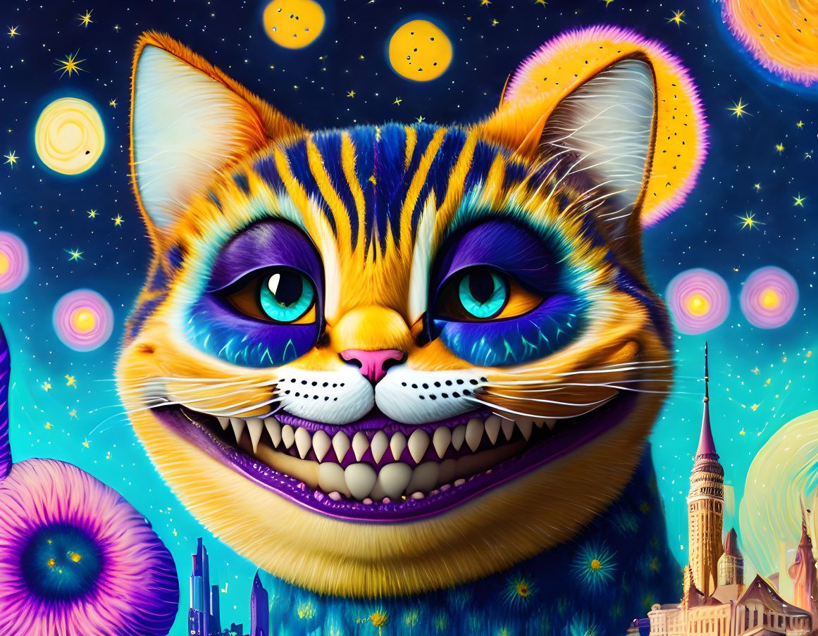 Colorful digital artwork: Oversized cat face with blue eyes on cosmic backdrop