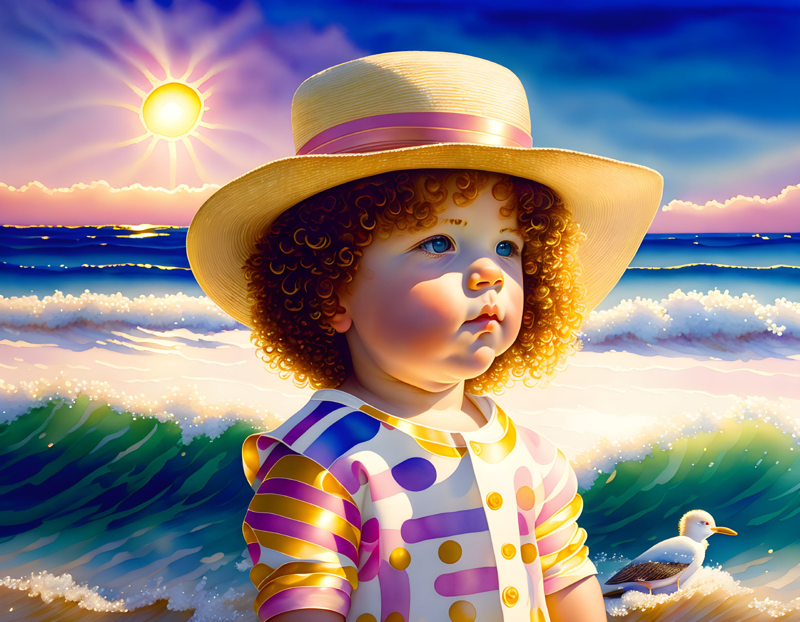 Child with curly hair and straw hat watching sunset by ocean waves and seagull