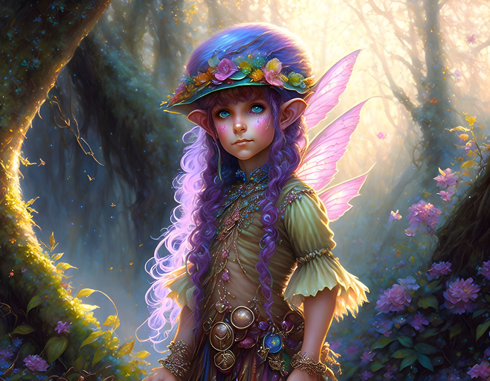 Fantasy illustration: Fairy with purple hair, pink wings, flower hat in mystical forest.