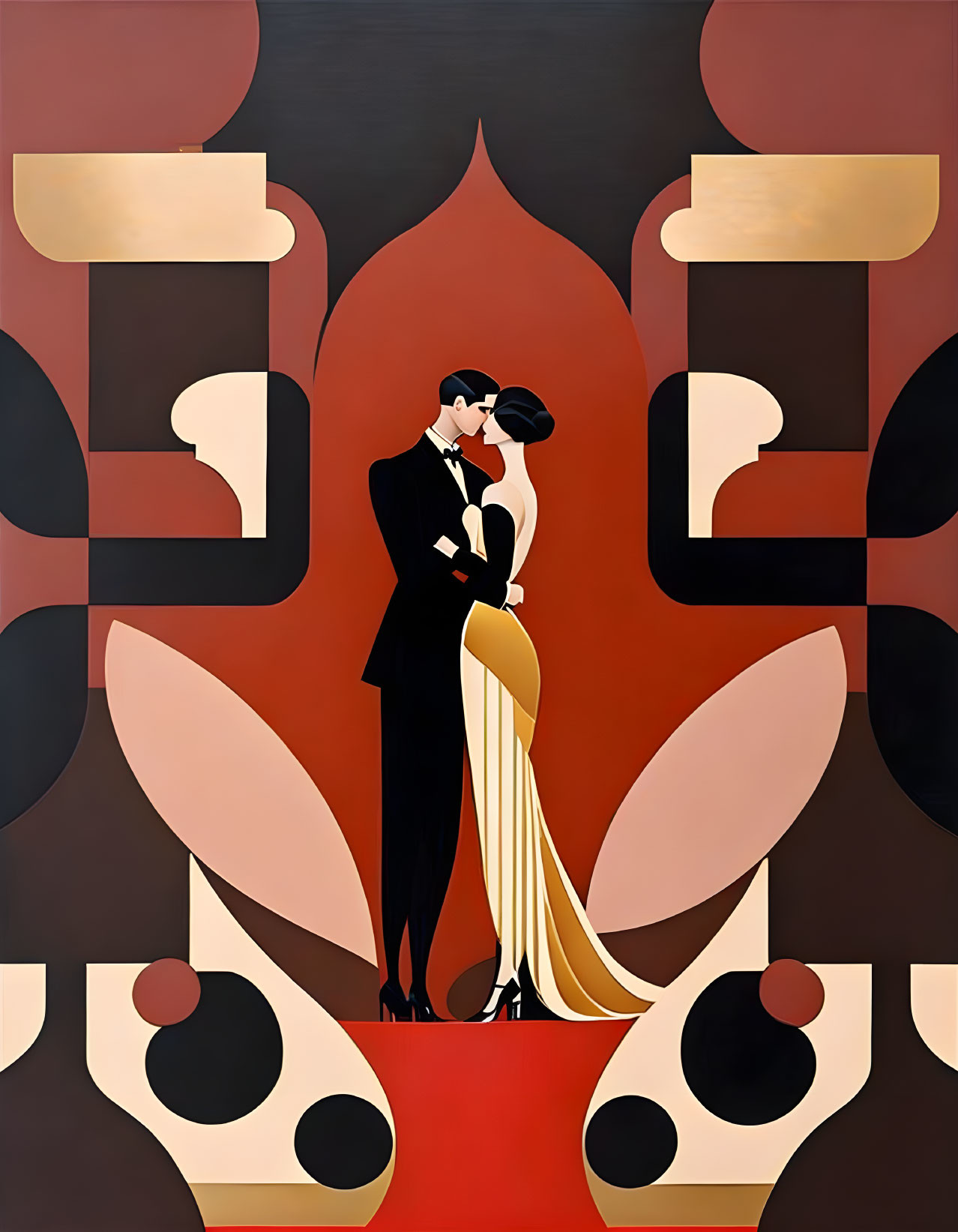 Elegant couple embracing in art deco style illustration