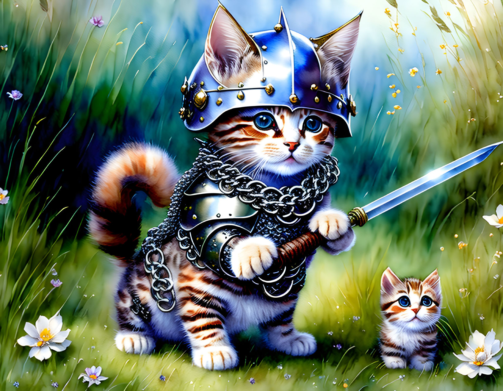 Illustration of kitten in medieval armor with sword and smaller kitten in nature.