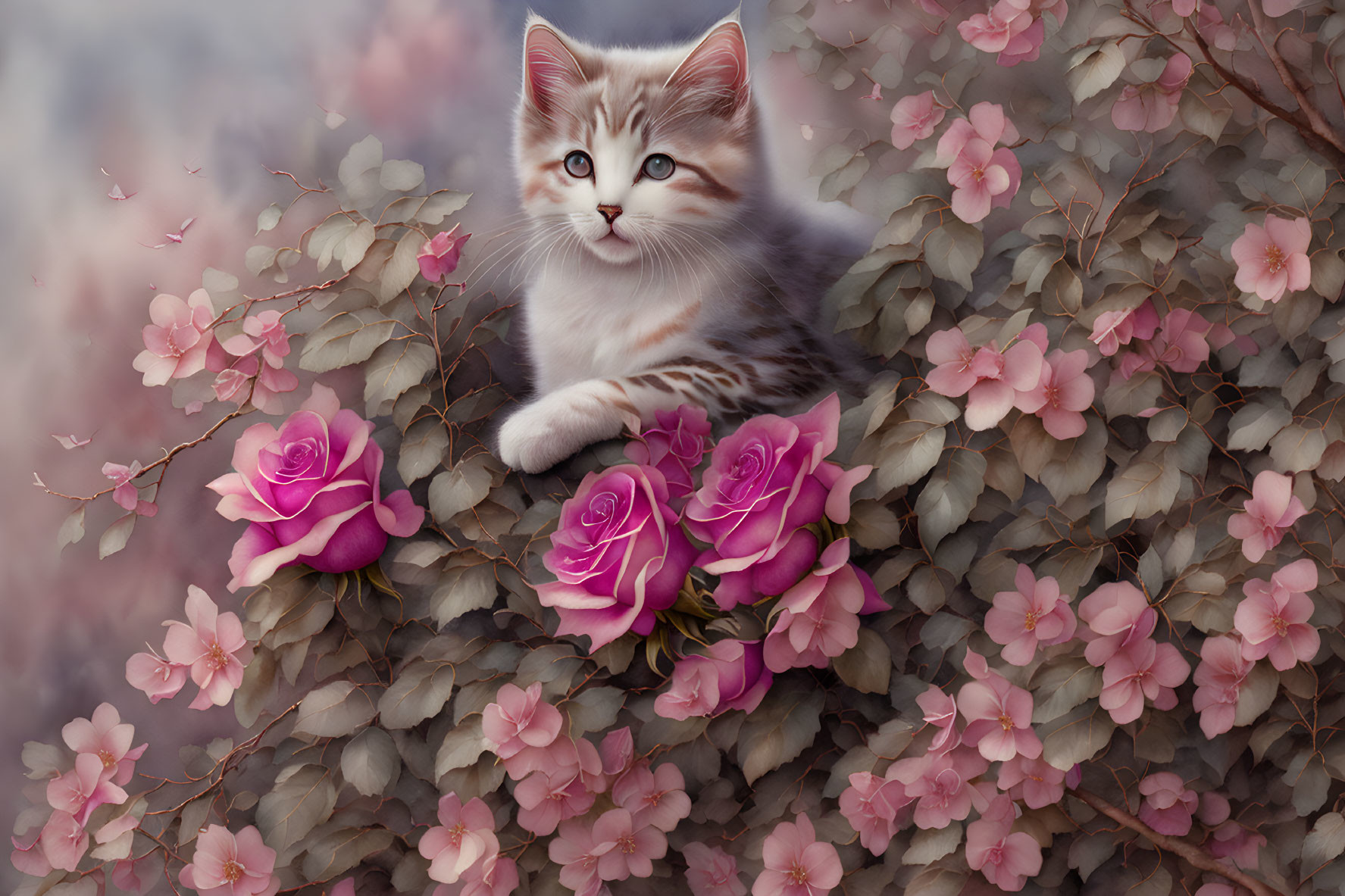 Fluffy kitten relaxing in pink rose garden