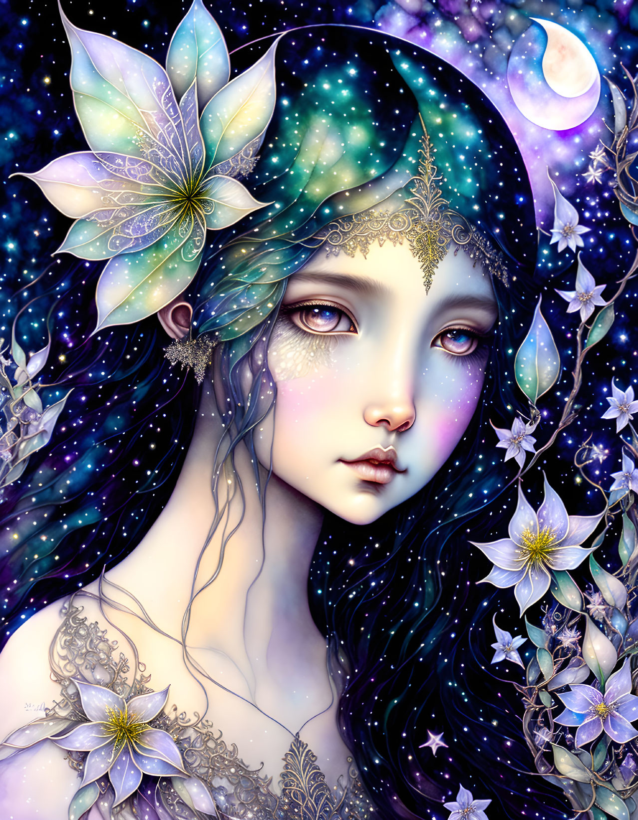 Illustration of woman with star-filled hair and crescent moon in cosmic setting