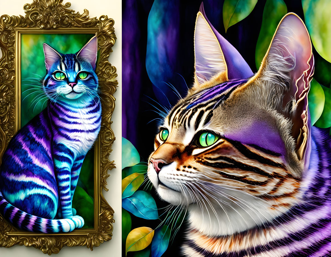 Colorful Striped Cat Illustration with Green Eyes and Reflection in Ornate Frame