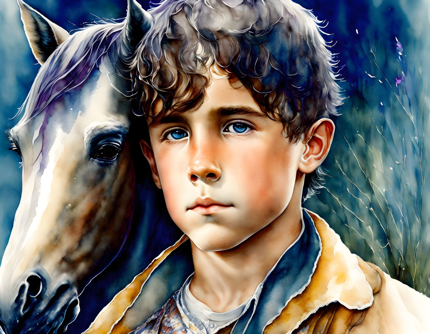 Curly-Haired Boy and Horse in Vibrant Brushstrokes