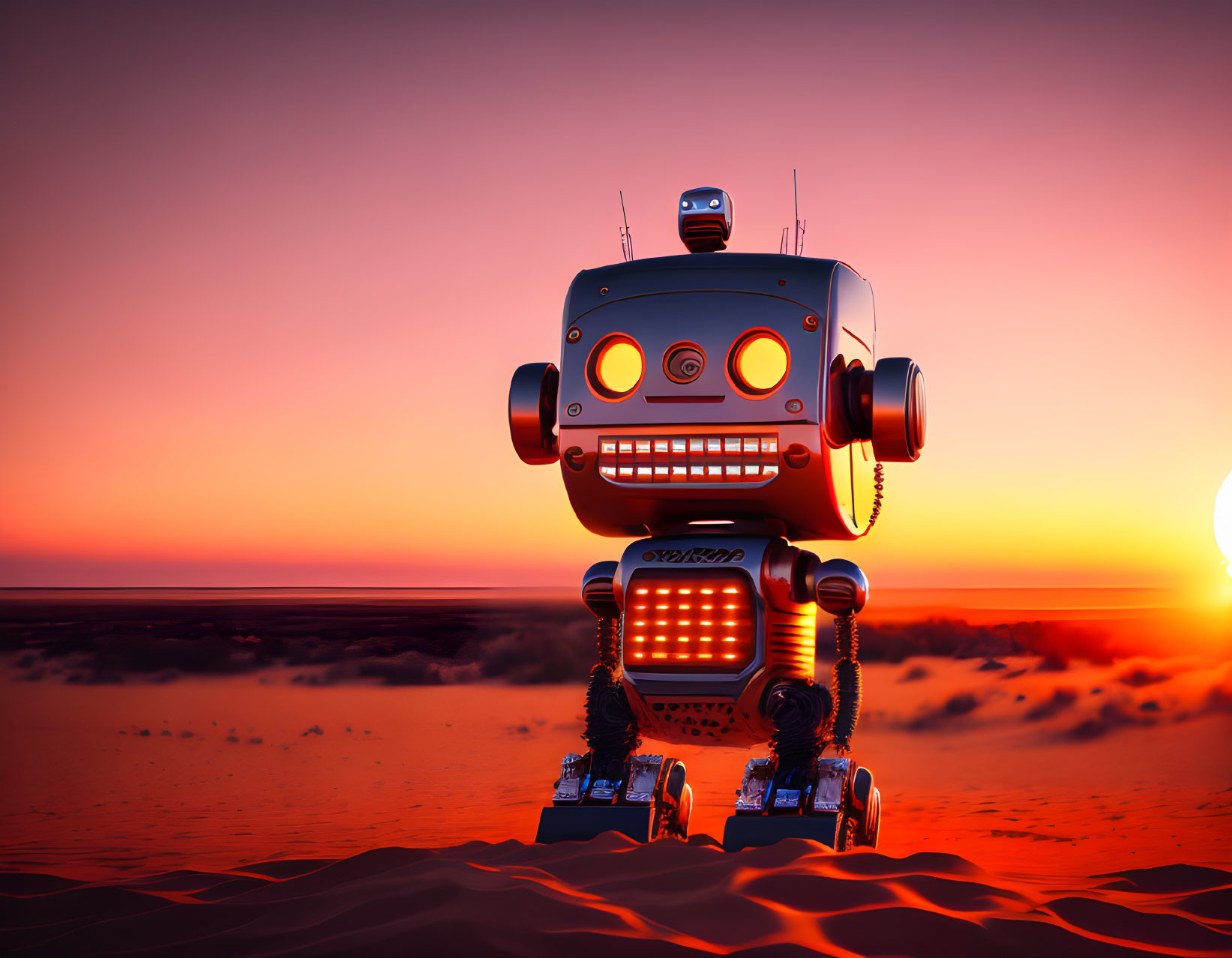 Retro-styled robot in sandy desert at vivid sunset