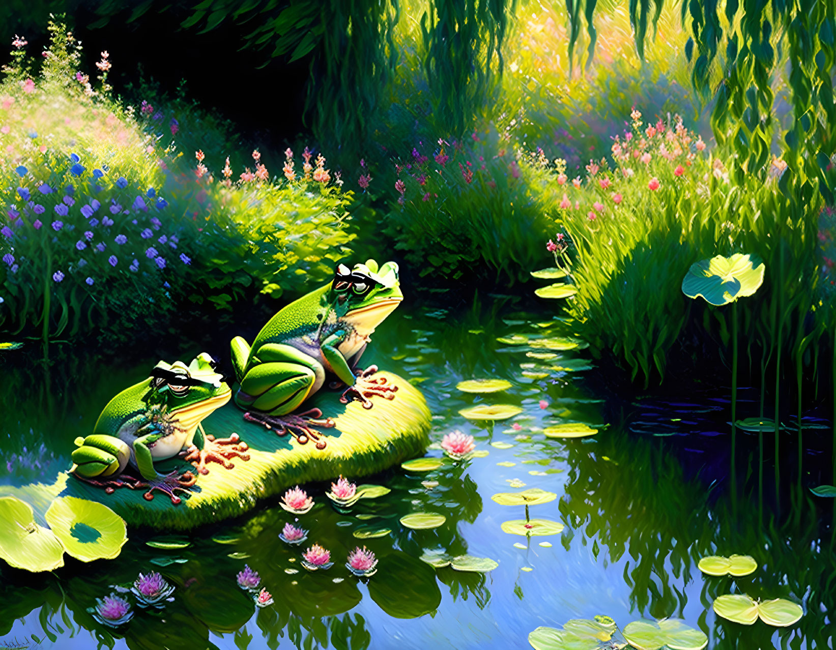 Vivid greenery and colorful frogs on lily pad in serene pond