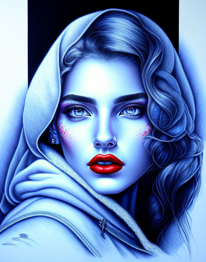 Woman portrait with striking blue tones, red lips, hooded cloak, detailed hair, and vibrant blue