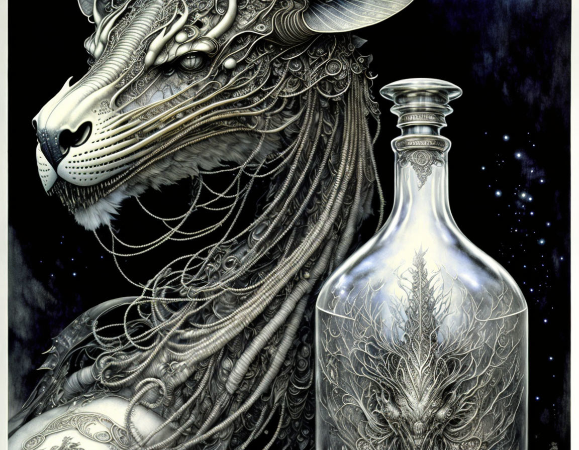 Detailed lion drawing with ornate mane, tree design bottle, and starry backdrop.