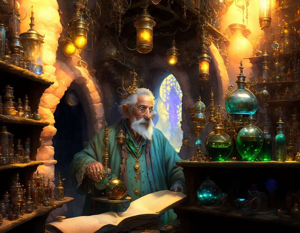 Elderly wizard studying tome in mystical alchemy lab