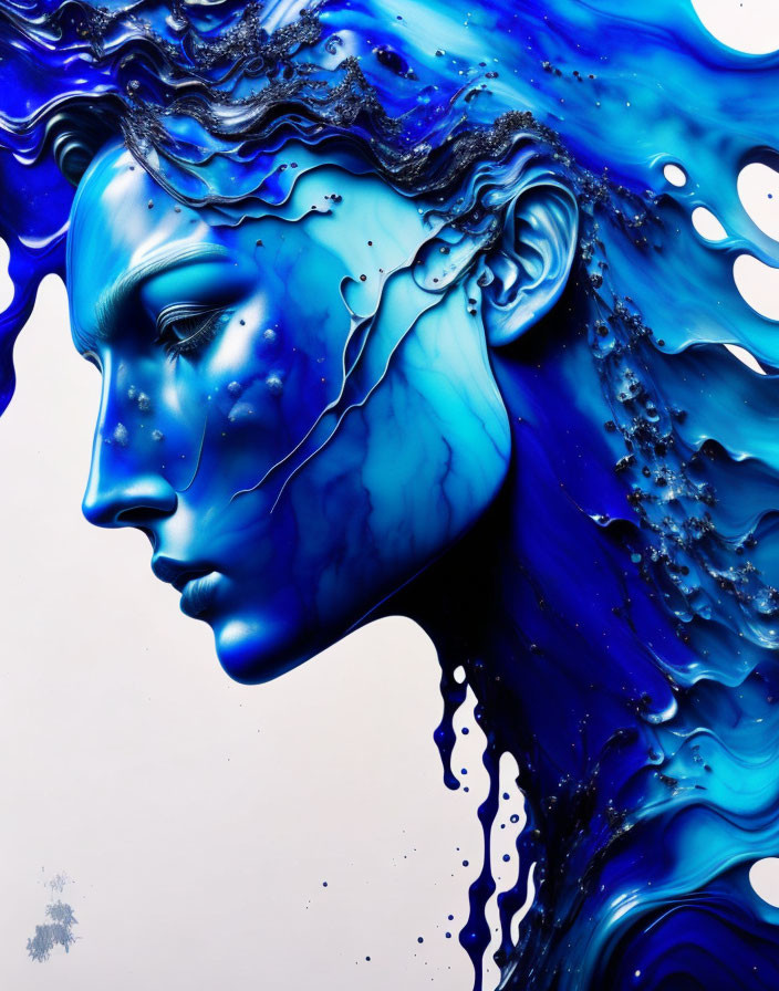 Digital artwork: Woman's profile merges with vibrant blue liquid for surreal look