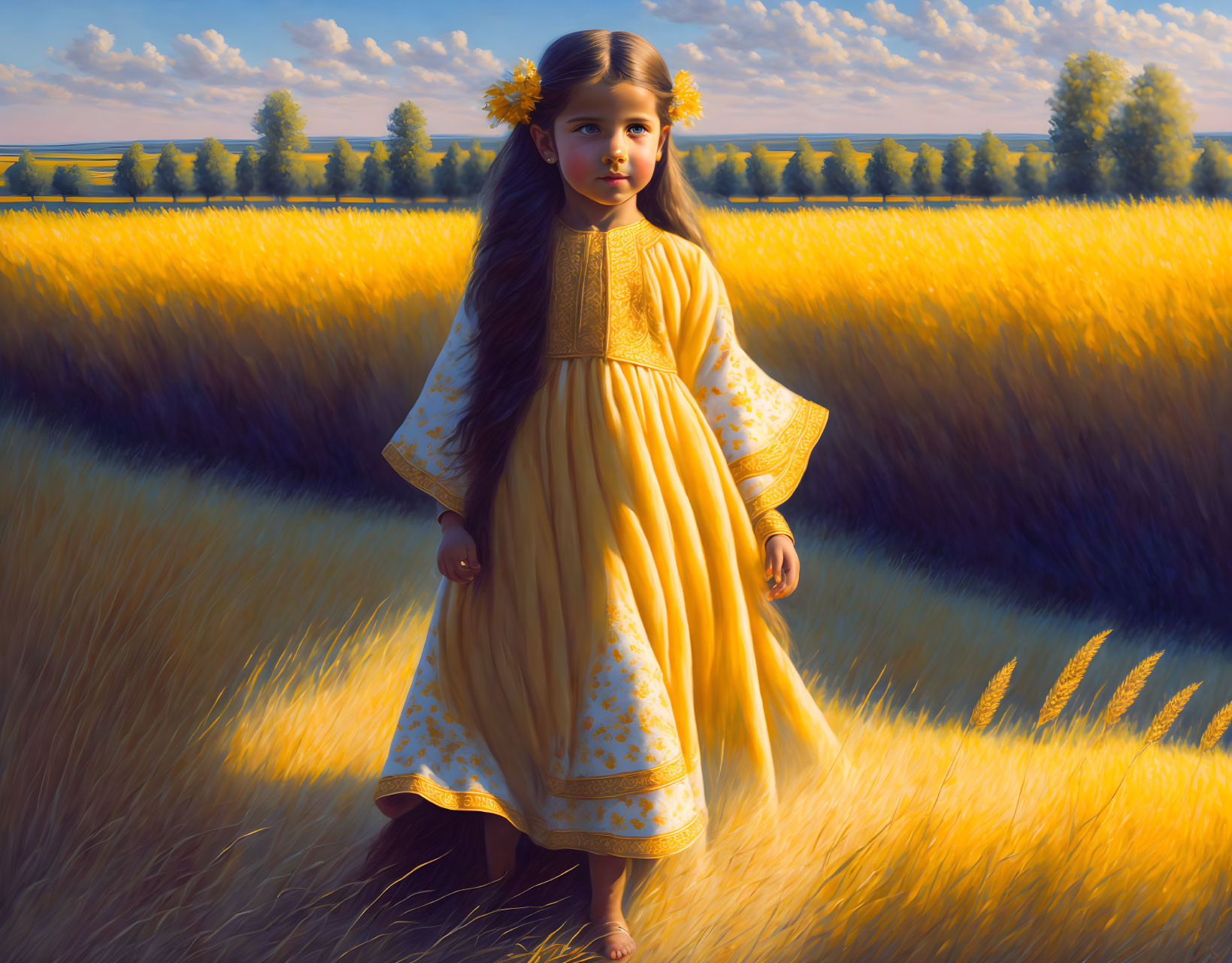 Young girl in yellow dress with flower in hair in golden wheat field under blue sky