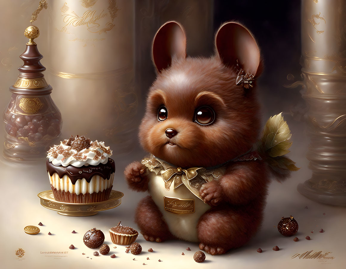 Fluffy brown squirrel with big eyes wearing bow tie beside cupcake and chocolates